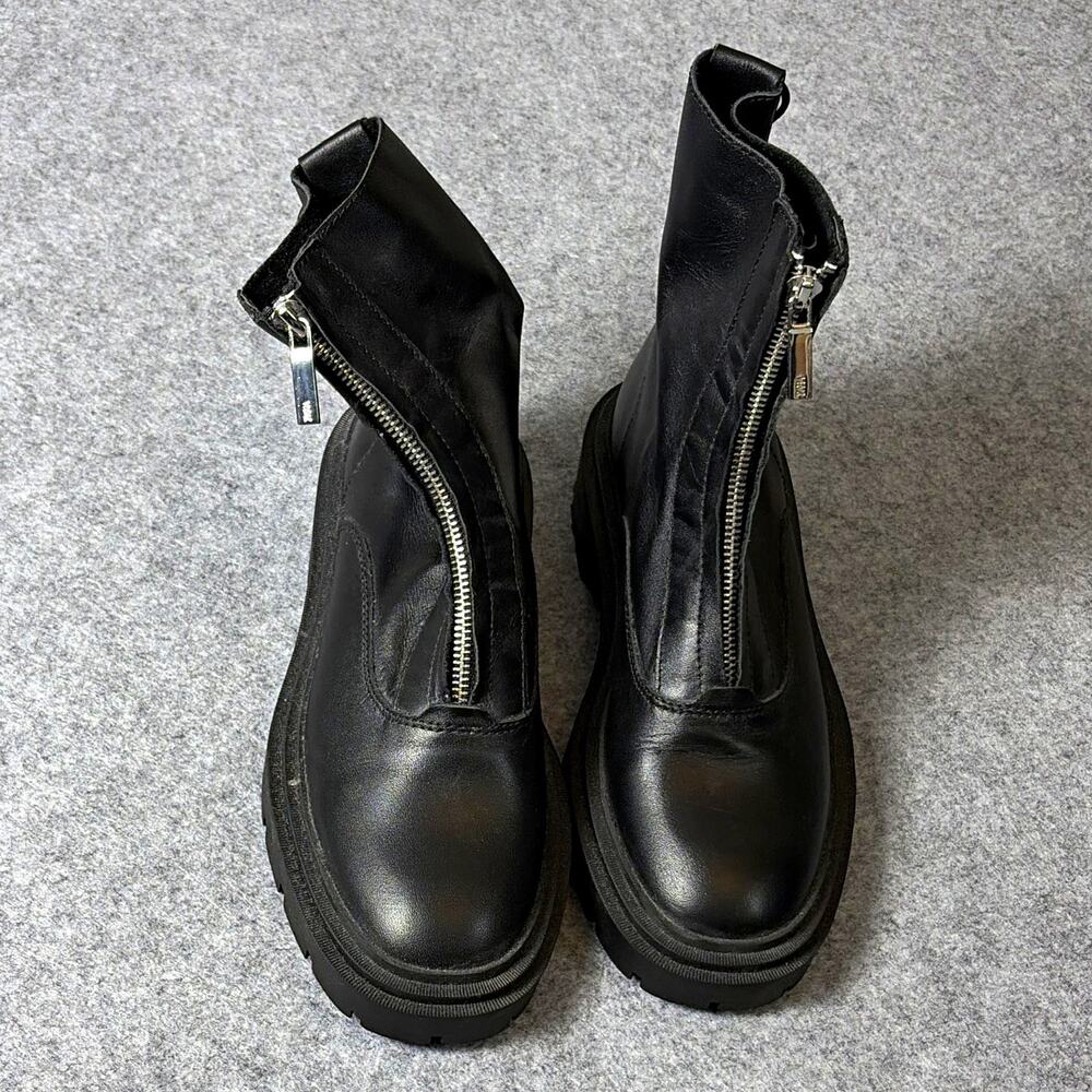 Zara Women's Black Faux Leather Platform Front Zip Ankle Bootie Lug Sole US 8